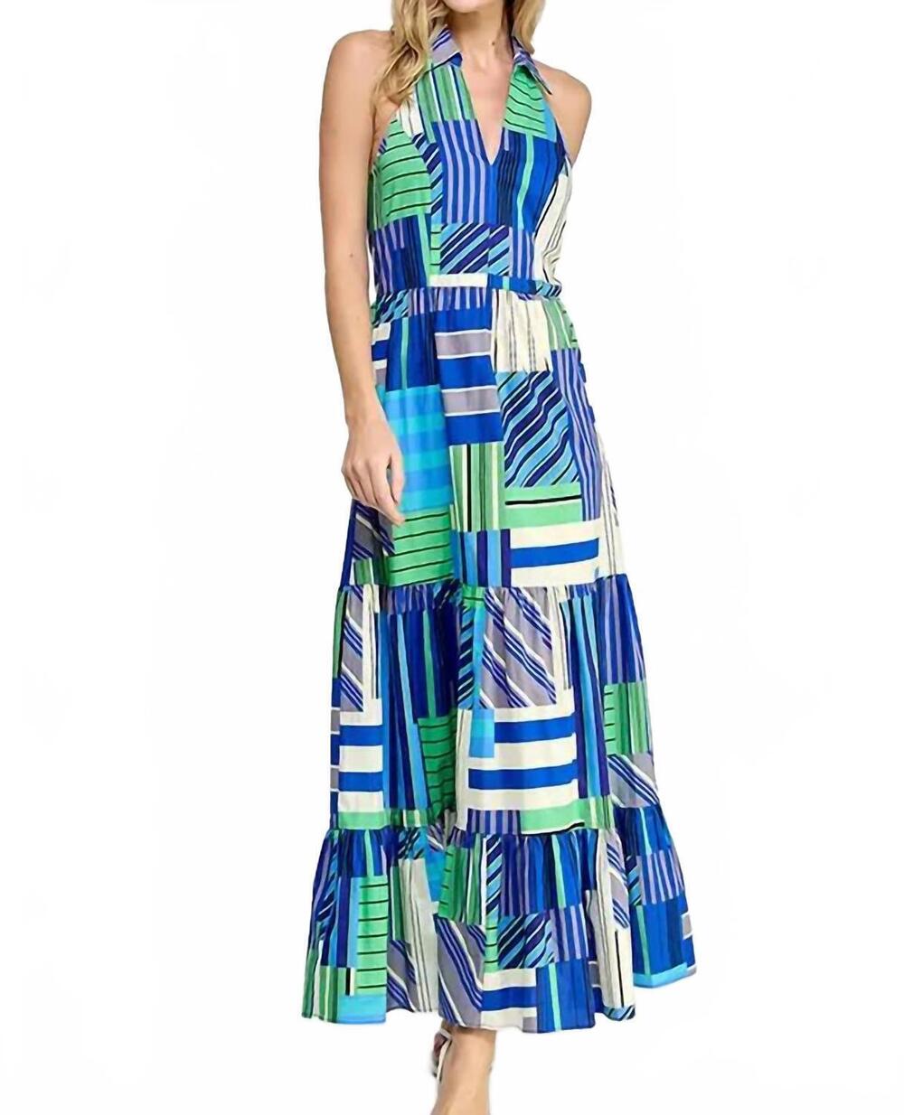 NEW RUBIENN ocean mirage halter midi dress in blue multi